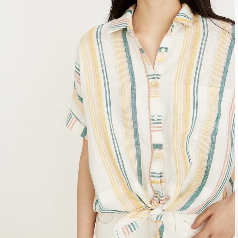 Madewell Linen Short Sleeve Tie Front Pineapple Stripe Linen Shirt. Small